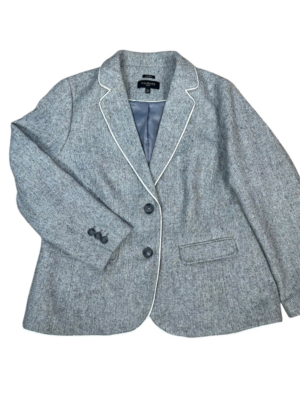 Talbots Woman Aberdeen Herringbone Tweed Blazer 14W Grey Wool Preppy Classic - Picture 2 of 11